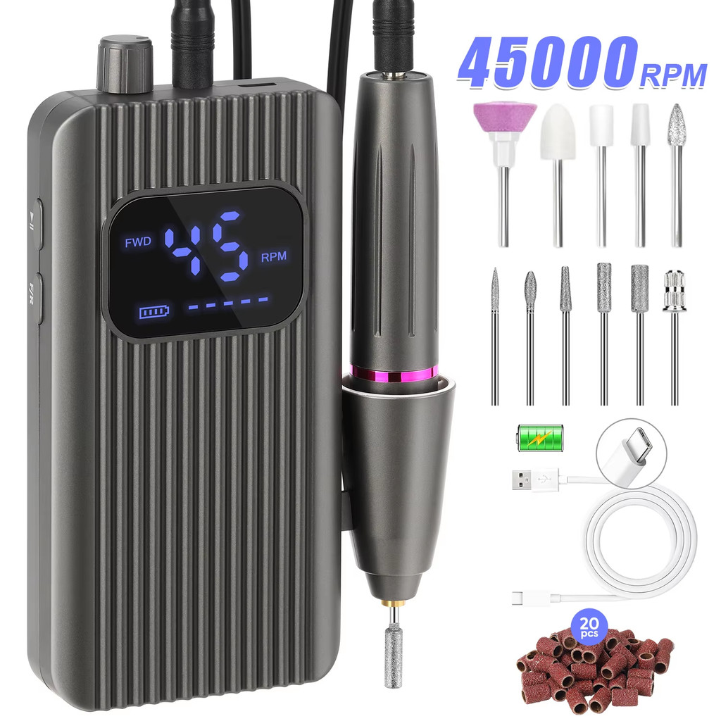45000RPM เครื่องเจาะเล็บไฟฟ้าจอแสดงผล LCD แบบพกพาเล็บ Sader เสียงต่ํา AdjustableSpeed เดินย้อนกลับเล็บเครื่องมือ