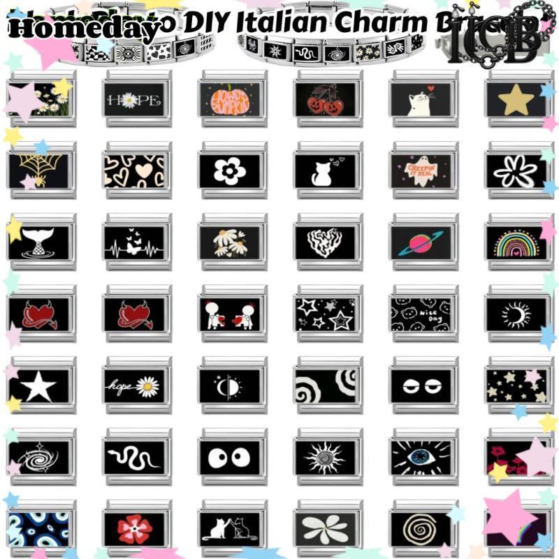 สร้อยข้อมือ charm สไตล์ดอกไม้อิตาเลียนสีดำ ขนาด 9 มม., สแตนเลส สำหรับ DIY และการประดับตกแต่ง