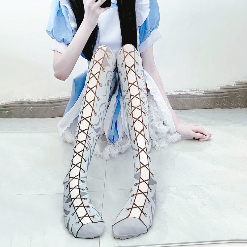 Hatsune Miku คอสเพลย์ถุงเท้า Over-the-Knee Lolita ถุงน่องก้าวเท้าน่ารักตัวอักษร Over-the-Knee ถุงน่อ