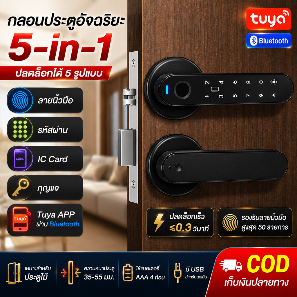 Tuya Smart Lock 5-in-1 กลอนประตูอัจฉริยะ ลายนิ้วมือ รหัสผ่าน Bluetooth APP รองรับภาษาไทย สำหรับประตูไม้