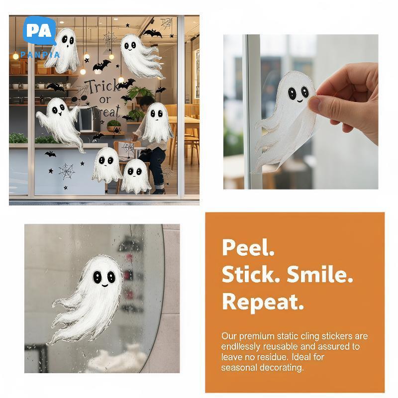 [NBI] Halloween Window Clings Dual Side Same Color Ghost Bat Spider No Glue Decals for Coffee Shop W