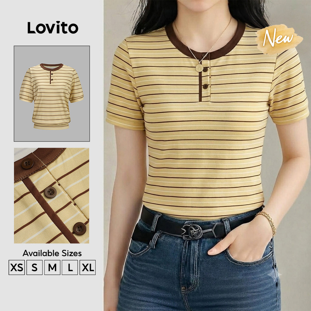 (New Arrival) Lovito เสื้อยืดผู้หญิง สีเหลืองอ่อน ลายเส้นกระดุมสีตัดกัน สไตล์สง่างาม สําหรับฤดูใบไม้ผลิ/ฤดูร้อน TSK8P2D643