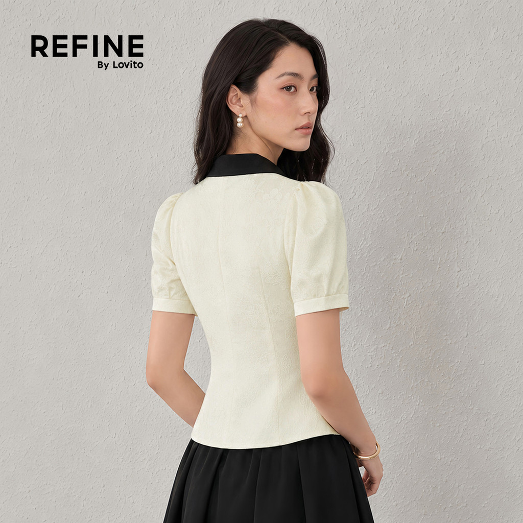 (Refine by Lovito) สง่างาม เสื้อเบลาส์ผู้หญิง ลายแจ็คคาร์ด คัลเลอร์บล็อก น่ารัก มีกระดุม สีขาวงาช้าง สําหรับฤดูใบไม้ผลิ/ฤดูร้อน เกาหลี อินเทรนด์ ทำงาน LR35A112 — صورة 3