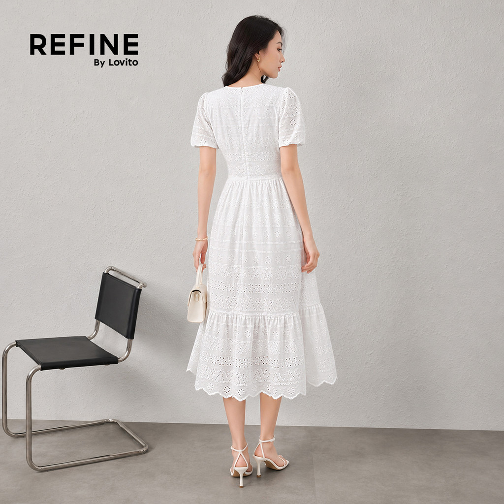 (Refine by Lovito) เดรสลำลองผ้าฝ้ายปักลายฉลุ เดรสสีขาวสำหรับผู้หญิง เหมาะสำหรับฤดูใบไม้ผลิ/ฤดูร้อน ทำงาน LR26ED067 — صورة 3