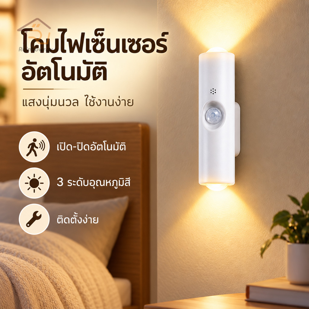 ไฟเซ็นเซอร์ LED โคมไฟติดผนังเซนเซอร์ 2 หัว โคมไฟติดผนังตาแมว ไม่ต้องเจาะรู เซ็นเซอร์อัจฉริยะ