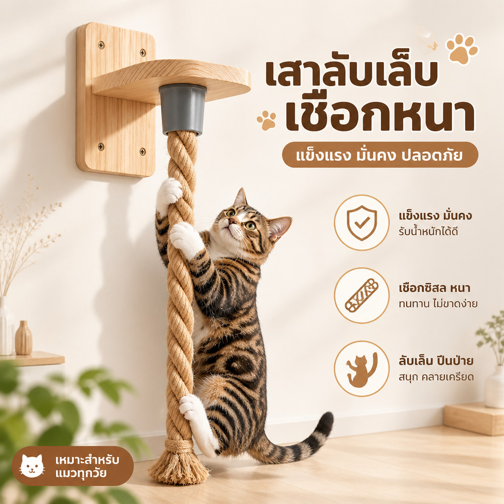 ของเล่นสัตว์เลี้ยง เชือกปีนแมว แมวเชือกข่วนติดผนัง เสาบดย่น วัสดุซิซาล คลายความเบื่อและลับเล็บ