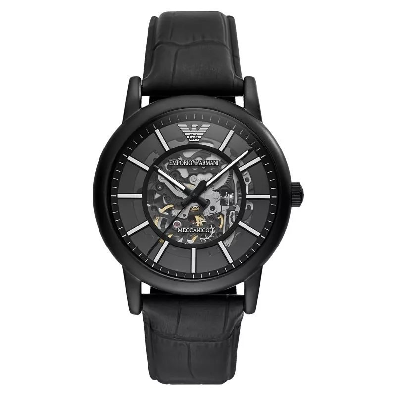 Armani (Emporio Armani) นาฬิกาซามูไรสีดํานาฬิกากลไกสายหนังอัตโนมัติกลวงยุโรปอเมริกันนาฬิกาผู้ชาย AR6