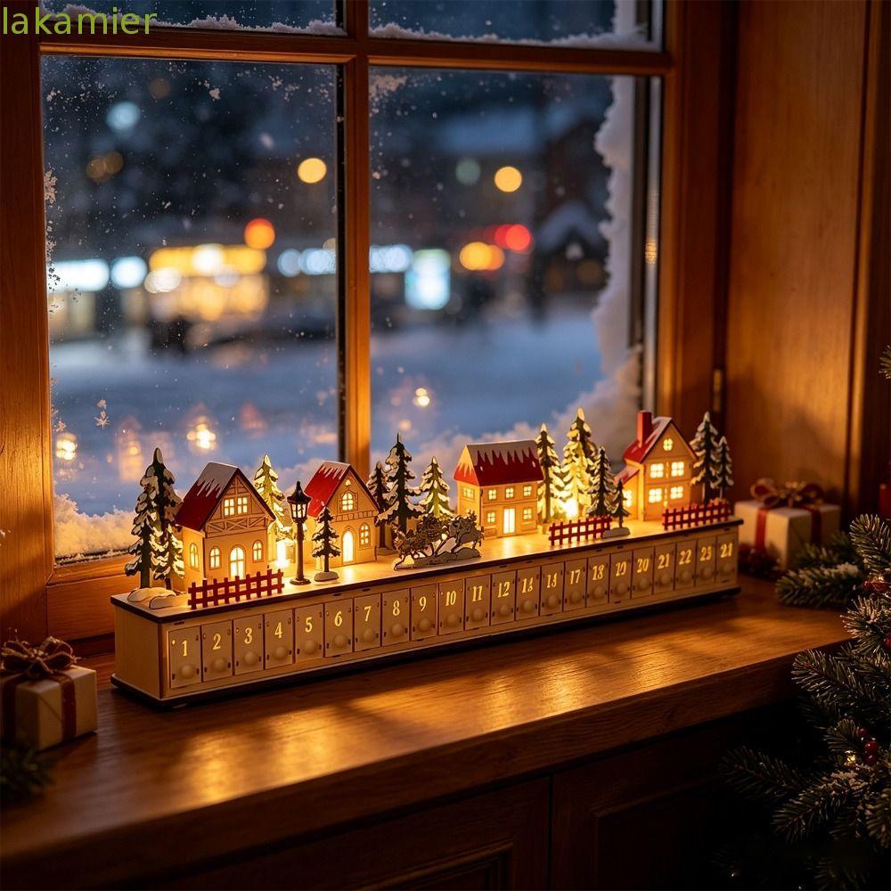 LAKAMMY Christmas Advent Calendar, Christmas Village with 24 Drawer Wooden Advent Calendar, LED Ligh