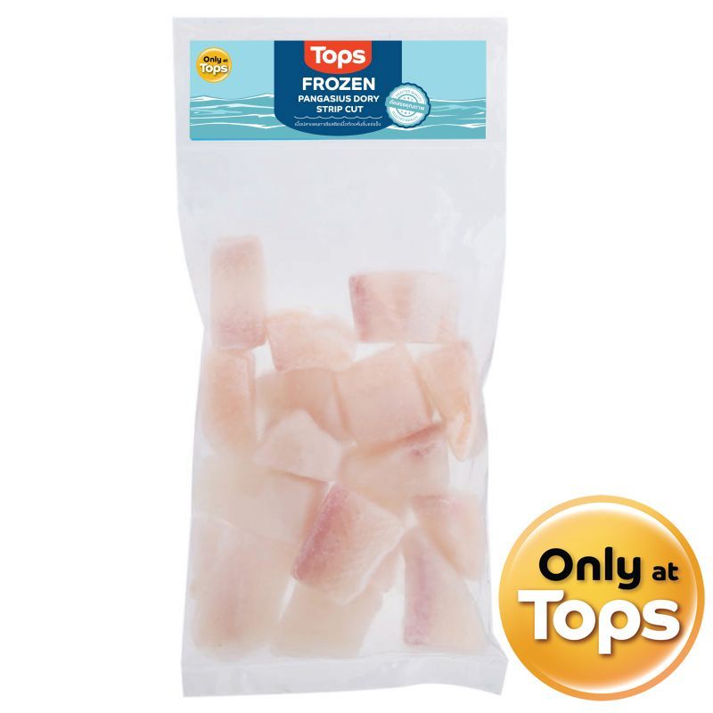 ท็อปส์เนื้อปลาแพนกาเซียสติดเนื้อท้องหั่นชิ้นแช่แข็ง 500กรัม Tops Frozen Pangasius Dory Strip Cut 500g.