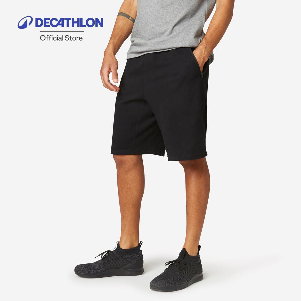 Decathlon Men'S Fitness Shorts กางเกงผู้ชายผ้าฝ้ายเนื้อยืดทรงเข้ารูปยาวเหนือเข่ามีกระเป๋าซิป รุ่น 520 - Black