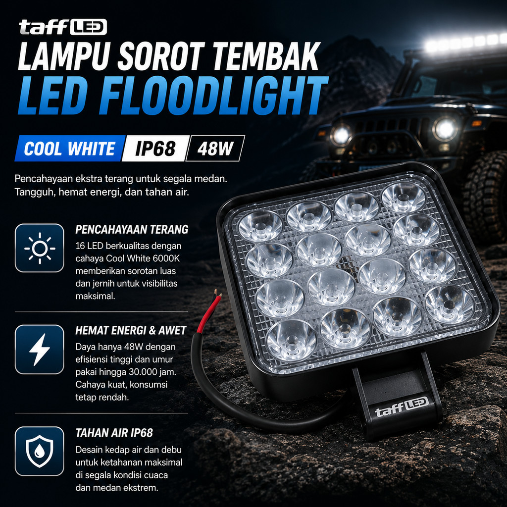 TaffiLED สปอตไลท์รถยนต์ LED Floodlight สีขาวนวล IP68 48W - D841