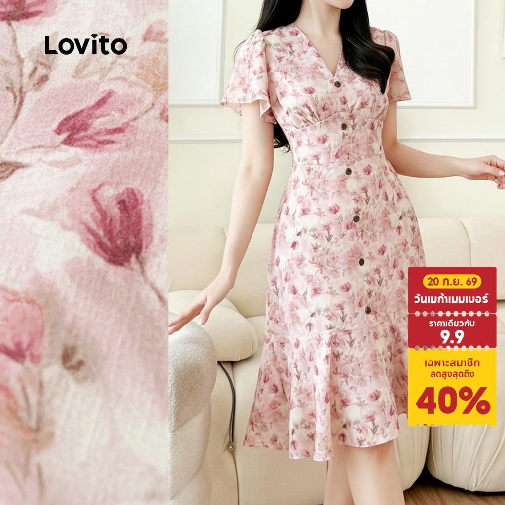 Lovito เดรสลําลองผู้หญิงลายดอกไม้ระบายสไตล์ฤดูใบไม้ผลิ/ฤดูร้อน LK6ED765