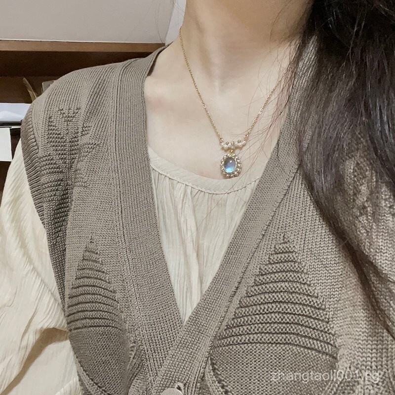 dday FlowerOriginal Vintage Natural Aquamarine Pearl สร้อยคอหรูหรา Niche Pure Silver Clavicle Chain 