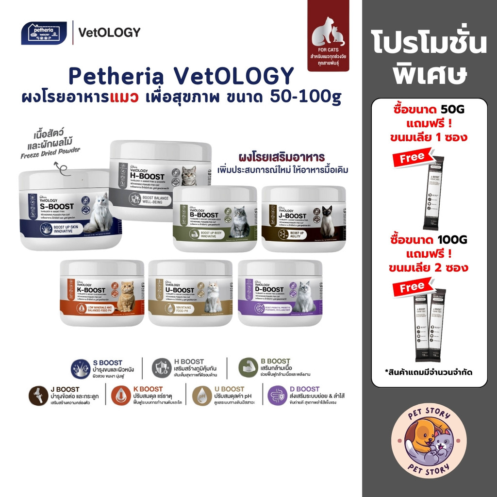 Petheria Vetology ผงโรยอาหารแมว เพื่อสุขภาพ ขนาด 50-100 กรัม