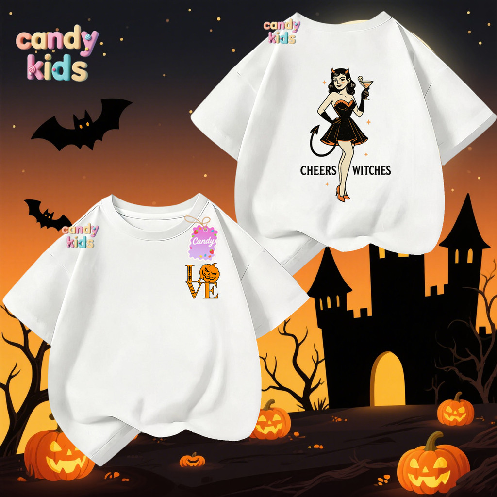 (จัดส่งตลอด 24 ชั่วโมง) Halloween เสื้อทีชฮาโลวีน เด็กๆ ยาวแขนสั้น สำหรับชายหญิง Happy Halloween #H7