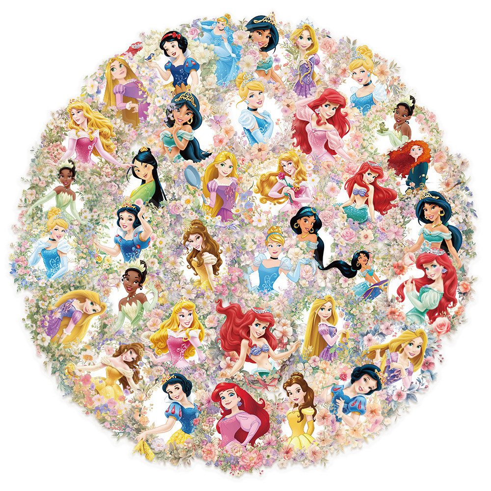 (ที่ได้รับอนุญาต) สติ๊กเกอร์ PVC กันน้ําลายการ์ตูน Disney Princesses 50 ชิ้น