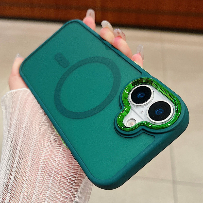 สีเขียวเข้มป้องกันลายนิ้วมือเคลือบเคสแม่เหล็กสําหรับiPhone 17 16 15 14 13 12 11 Pro Max Plus Airปลอกแม่เหล็กที่เรียบง่ายฮาร์ดสําหรับiPhone12Promaxกรณี
