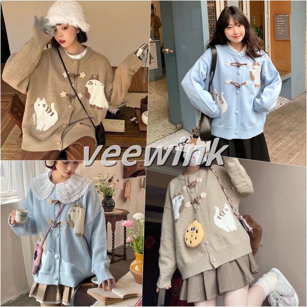 Veewink พร้อมส่งจากกทม เสื้อถักนุ่มสไตล์ญี่ปุ่น ลายแมวน่ารัก ใส่แล้วอวบอั๋น ไซส์สั้น ใส่สบาย