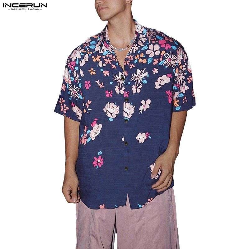 INCERUN ผู้ชายเกาหลีฮาวายสไตล์วันหยุดปกแขนสั้นพิมพ์ลายดอกไม้เสื้อเชิ้ตทรงหลวม ราคา ถูกที่สุด ดีลบีเคเค