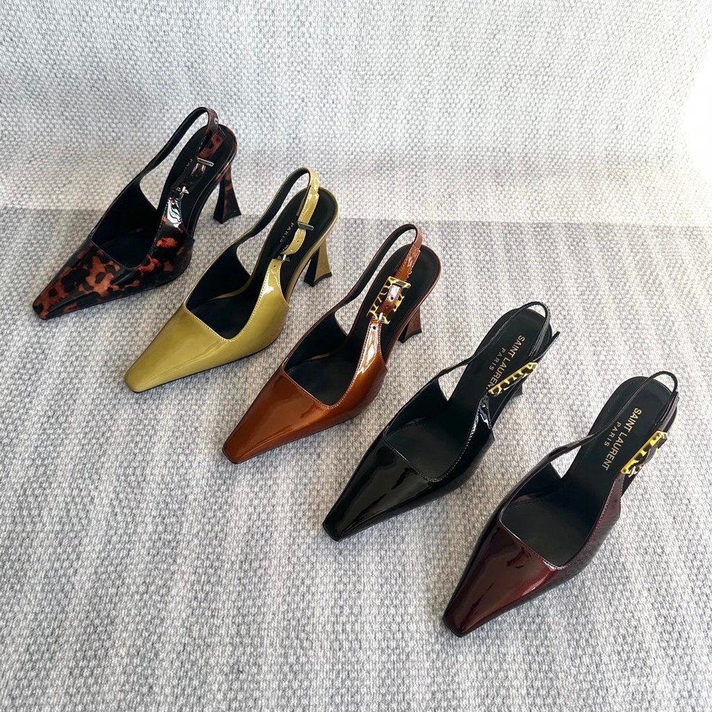 รองเท้าส้นสูงรุ่นสูง SAINT LAUREN * 2024 ฤดูใบไม้ผลิฤดูร้อนสไตล์ใหม่สีดําสิทธิบัตรหนังรองเท้าส้นสูงผ