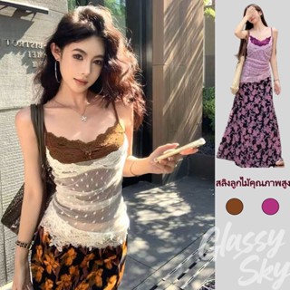 Glassy Sky😜พร้อมส่งเสื้อสายเดี่ยว เซ็กซี่ ลายลูกไม้ น้ำตาลม่…