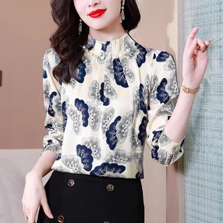 Blouse Wanita Motif Daun Ginkgo Lengan 3/4 Hiasan Mutiara Leher Tinggi Elegan Bahan Satin Adem Nyaman Gaya Vintage Kerja Cocok Kantor Hangout Brand Tendblank Indonesia Best Seller 2026