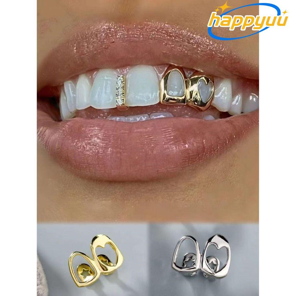 HAPPYUU Grillz, สีทองเงา Hip Hop ฟัน Grillz, ทองแดง Double Heart Hollow Heart ฟันหมวกฟันเครื่องประดั