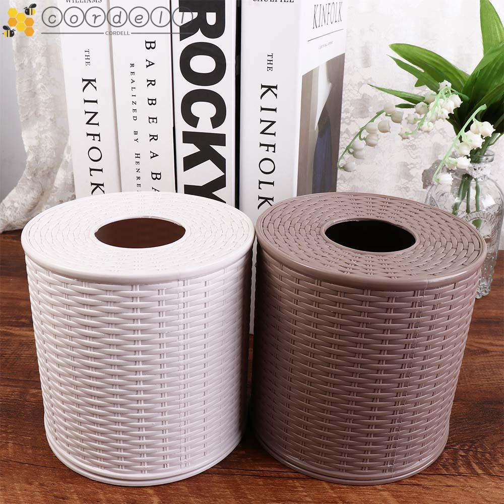 CORDELL กล่องทิชชู่หวาย, กล่องทิชชู่พลาสติกทรงกลมกันฝุ่น, การตกแต่ง Simpel ที่ใส่ม้วนกระดาษห้องนอนสีเบจ/สีน้ําตาลเข้ม
