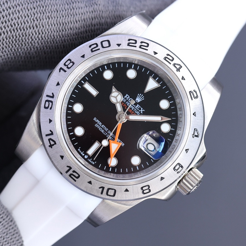 Rolex Explorer II สายยางธุรกิจสบายๆ 40 มม.ปฏิทินสีดํานาฬิกาผู้ชายประณีตเรียบง่ายผู้ชายนาฬิกากลไกอัตโ
