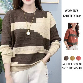 Knitted Tops for Women Blouse Plus Size Korean Style Round Neck Long Sleeve Loose Fit Breathable Comfortable Autumn Casual Basic Wear Fashion Shirt