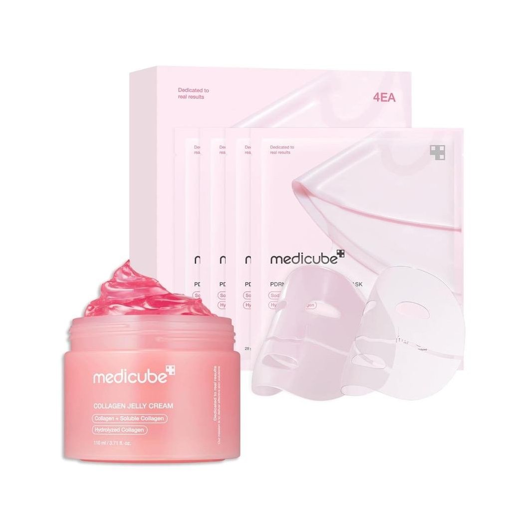 Medicube Pink Glass Glow Duo for Uneven skin: Collagen Jelly Cream 110ml และ Salmon DNA PDRN มาส์กเจ