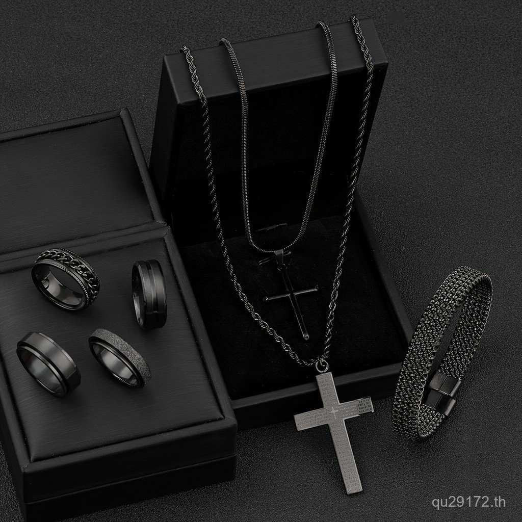 ชุดแหวนและสร้อยคอนำเข้า สแตนเลสและไทเทเนียม ไม่ซีดจาง หมุนได้ พิมพ์แมท PVS2