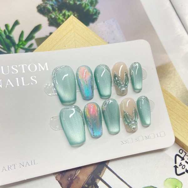 handmade nails handmade press on nails ❆ลูกอมมิ้นต์ที่ทําด้วยมือสวมใส่เล็บที่ทําด้วยมือบริสุทธิ์ฤดูร