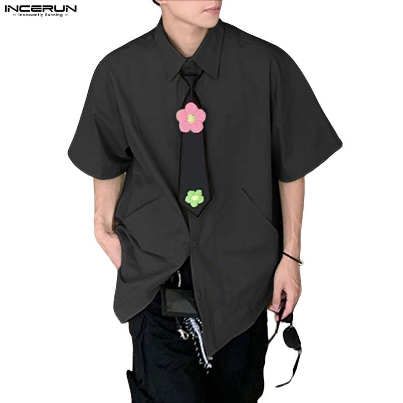 INCERUN เสื้อผู้ชาย สไตล์เกาหลี-ญี่ปุ่น แบบ Lapel Raglan พิมพ์ลายพร้อม Applique ทรงคลายตัว