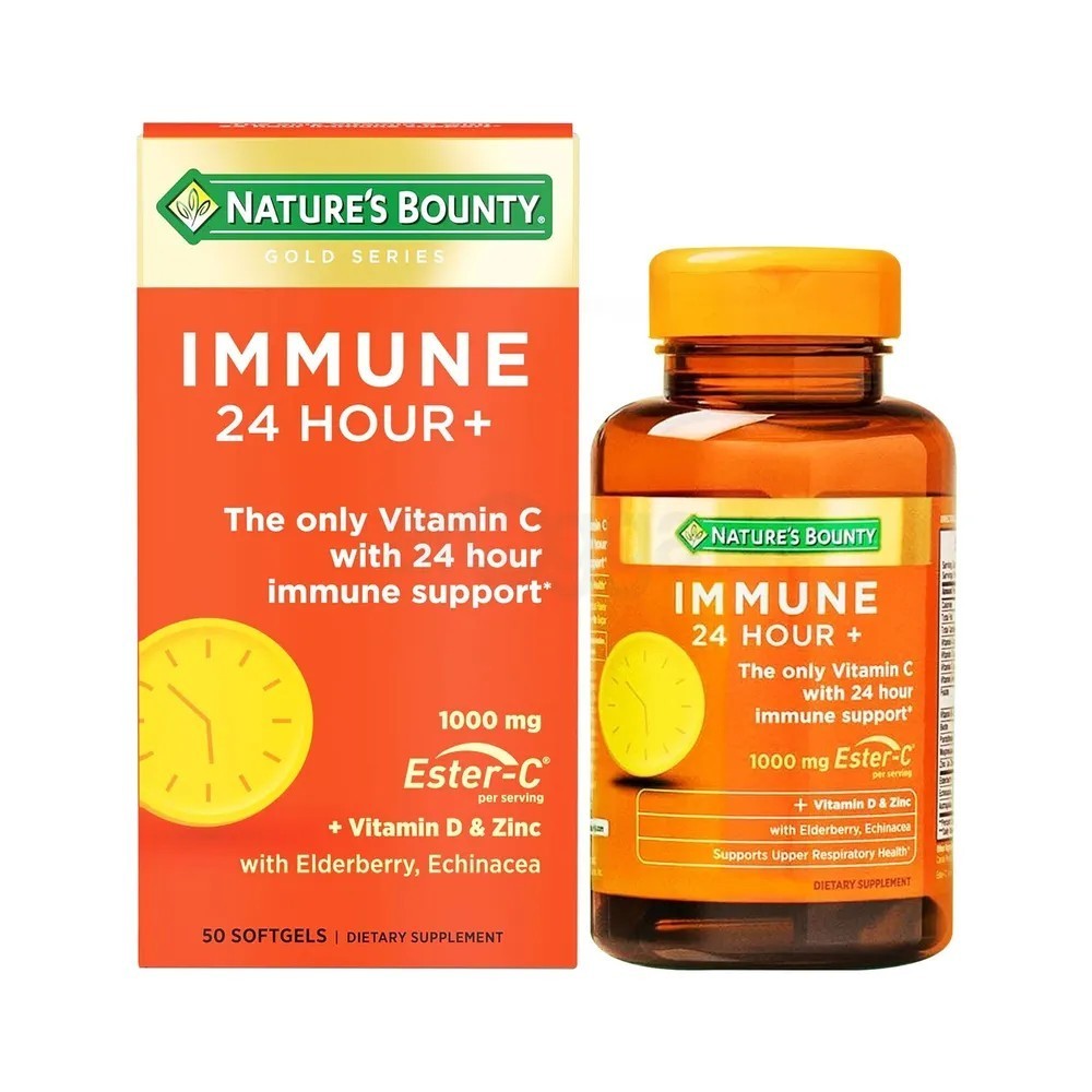 Nature's Bounty Immune 24 Hour + Ester-C 1,000 mg. Vitamin C, D & Zinc (50Softgels) วิตามินซี