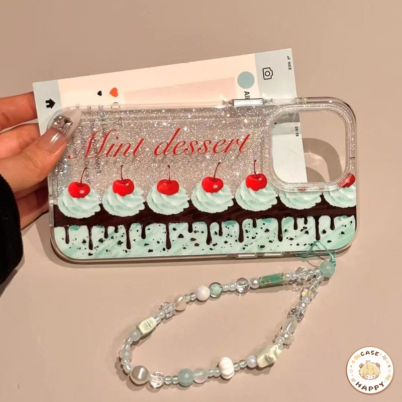 เคสไอโฟน 13 สำหรับ IPhone 17 14 16 12 11 15 Pro Max 7 15 8 16 14 Plus XR X XS Max แป้งแวววาวหรูหราเค้กเชอร์รี่ส่องแสง