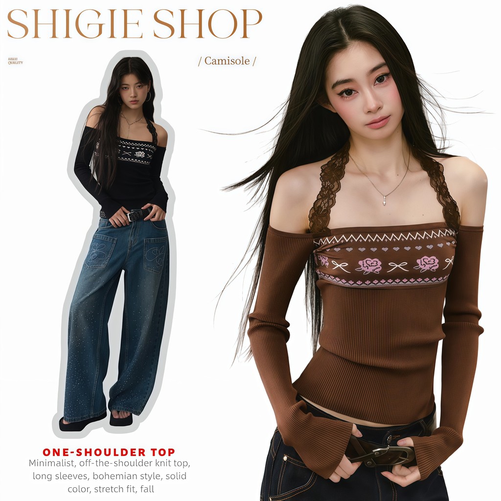 Shigie​ 🍁พร้อมส่ง🍁 "เสื้อไหมพรมเปิดไหล่มินิมอล แขนยาว สไตล์โบฮีเมี่ยน สีพื้นยืดพอดีตัว เสื้อผ้าแฟชั่