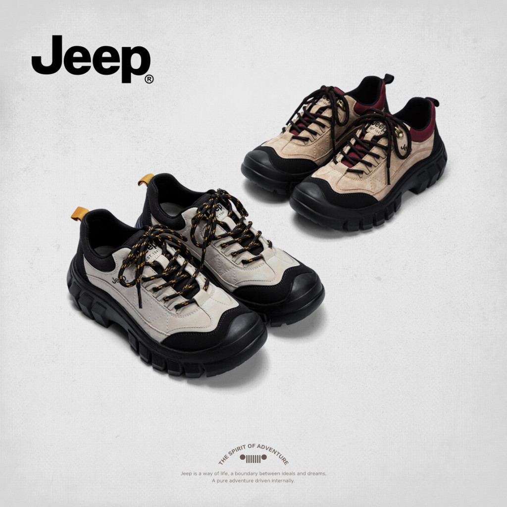 รองเท้าเดินป่ากลางแจ้ง Jeep ดีไซน์เฉพาะตัว สไตล์ย้อนยุค สีเทา พื้นหนา เพิ่มความสูงและกระชับ BFRZ