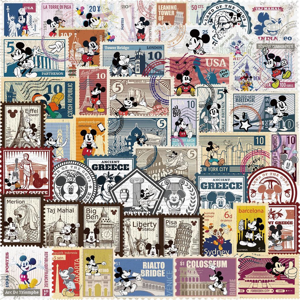 50ชิ้น สติกเกอร์ลายแสตมป์วินเทจ มิคกี้ เมาส์' ลิขสิทธิ์แท้ Disney กันน้ำ DIY  Sticker โน้ตบุ๊ก