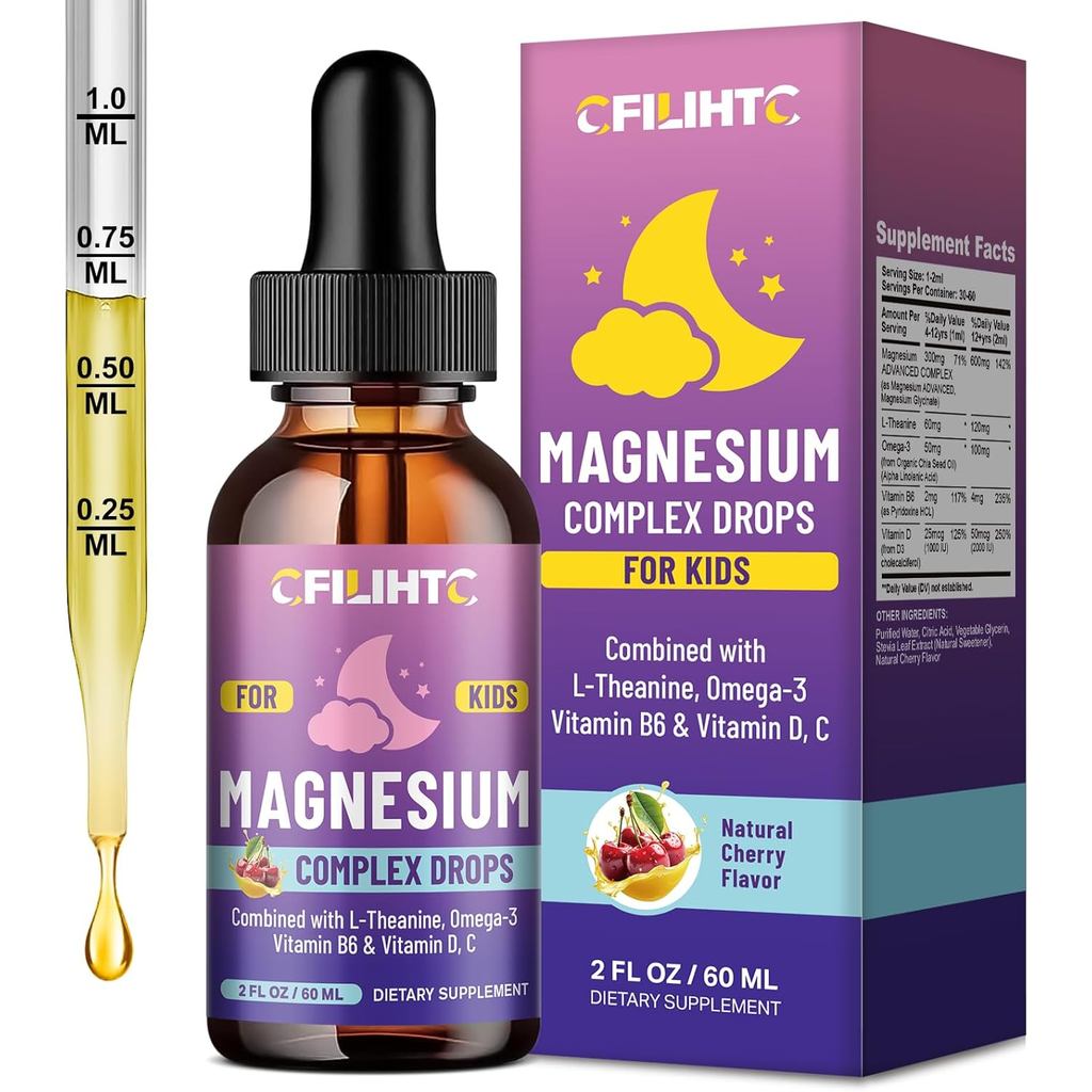 Kids Magnesium Liquid Drops-Magnesium Glycinate Liquid for Kids อาหารเสริม-w/L-theanine, Omega-3, วิ