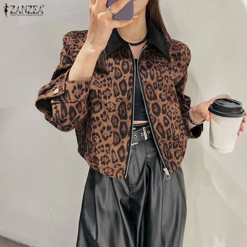 ZANZEA เสื้อแจ็คเก็ตแขนยาวมีฮู้ด ลายเสือดาว สำหรับผู้หญิงสไตล์เกาหลี — صورة 6