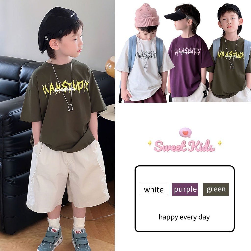 SweetKids พร้อมส่งจากกทม🌸แขนสั้นเด็กผู้ชาย🍓ชุดเสื้อยืดแขนสั้น แฟชั่นฤดูร้อน เสื้อยืดคอกลมครึ่งแขน พิมพ์ หลวมและสะดวกสบาย