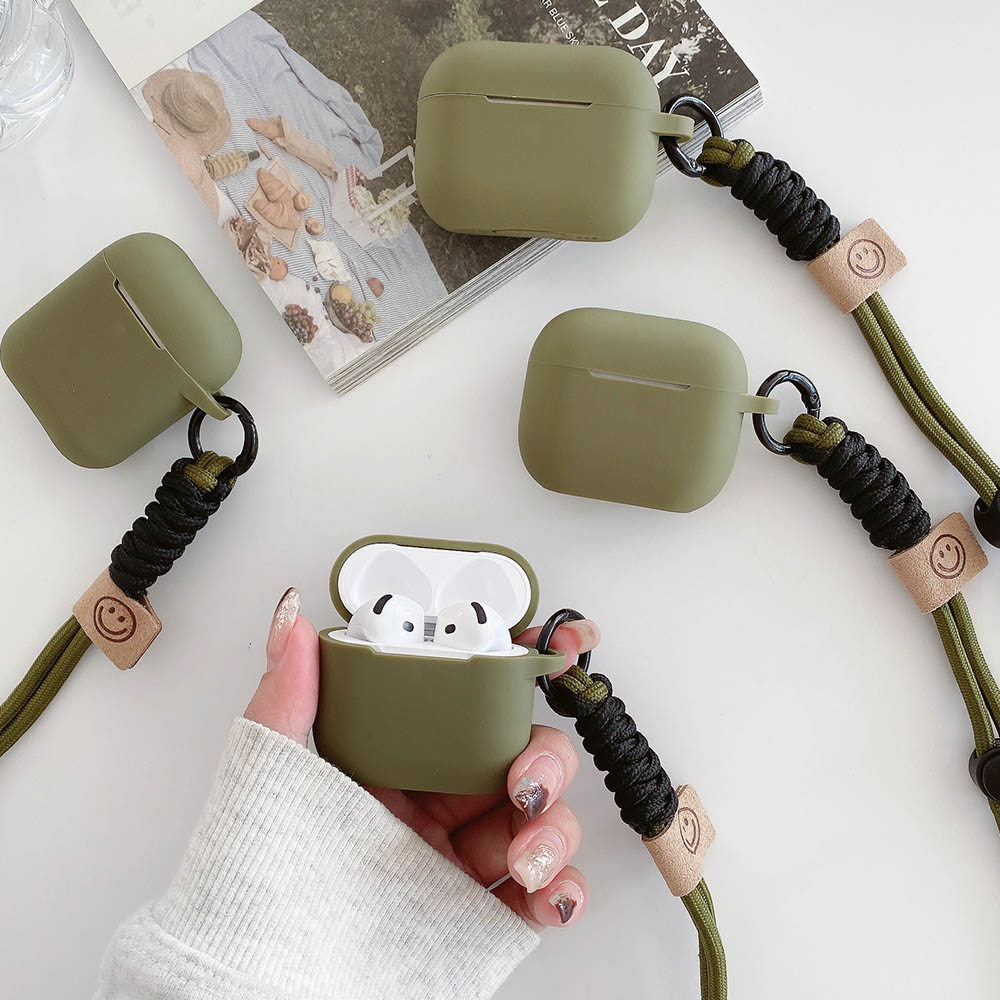 Simple ทหารซิลิโคนสีเขียวหูฟังพร้อม Lanyard สายคล้องมือสําหรับ AirPods 1 2 3 4 Pro 2 Pro 3 5 ชุดหูฟังอุปกรณ์เสริม