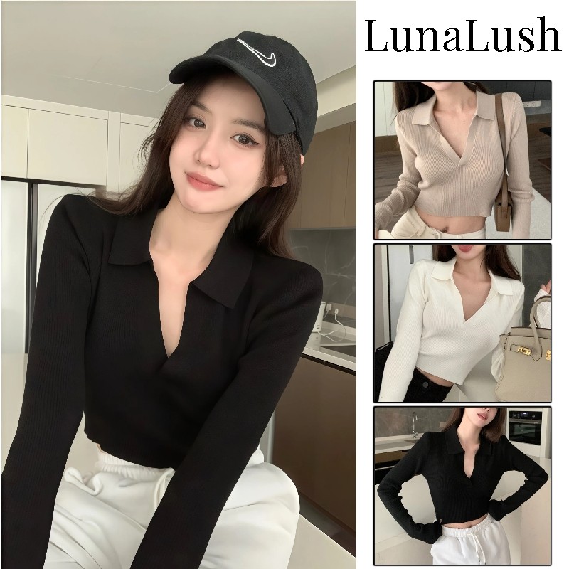 LunaLush✨เสื้อคุณภาพดี เสื้อถัก แขนยาว เสื้อยืดคอกลม ผ้าใส่สบาย สีดำ