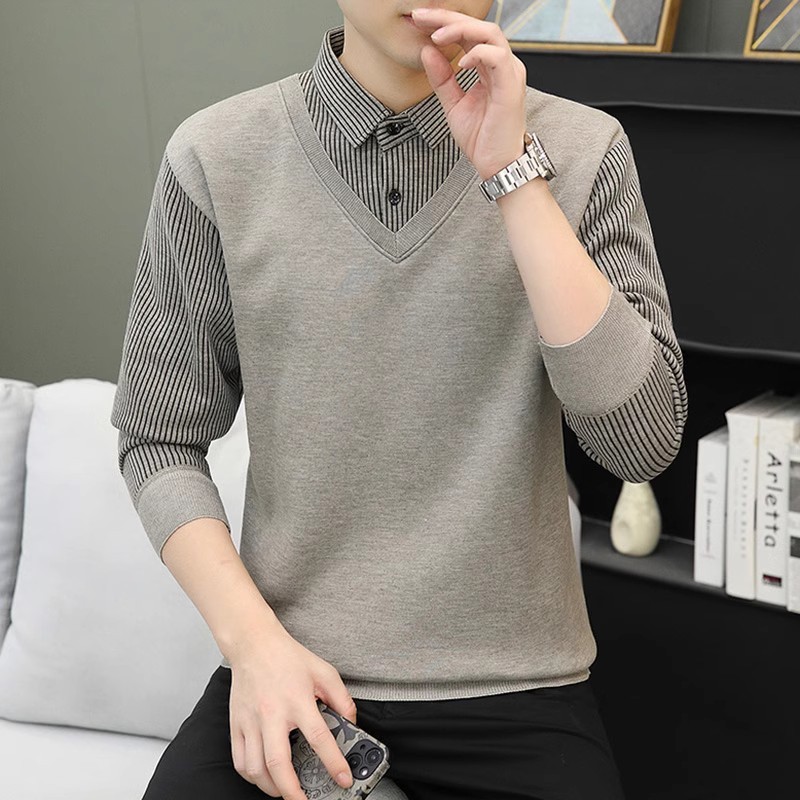 K เสื้อไหมพรมเสื้อกันหนาวผู้ชายขนแกะซับอบอุ่นปลอมสองชิ้นเสื้อแฟชั่นปกระดับไฮเอนด์หนาเสื้อยืด 10.30