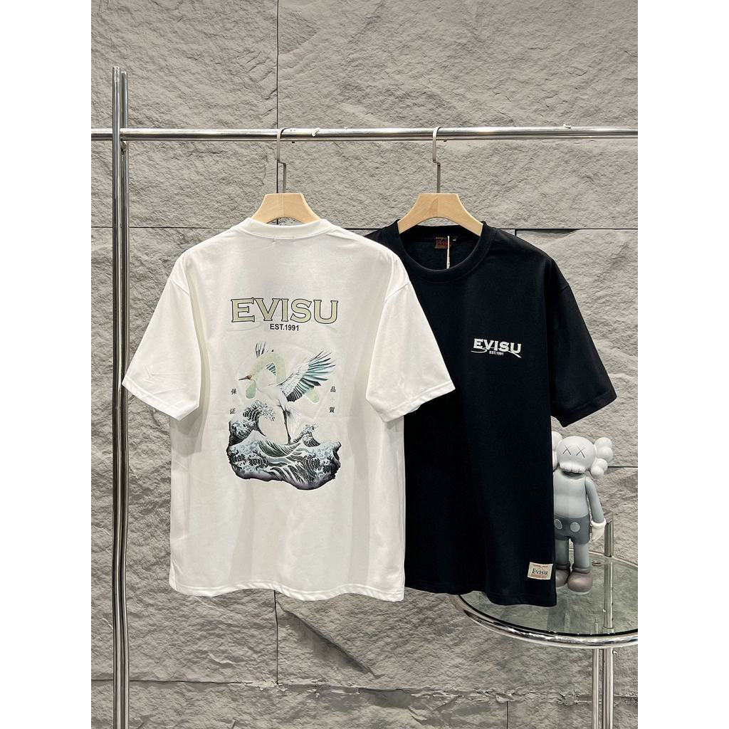 EVISU/Fushen 2026 คลาสสิกรอบคอแขนสั้นเสื้อยืดผู้ชายผู้หญิงสบายๆขนาดใหญ่เกลียวสีทึบหนา Impervious Cas