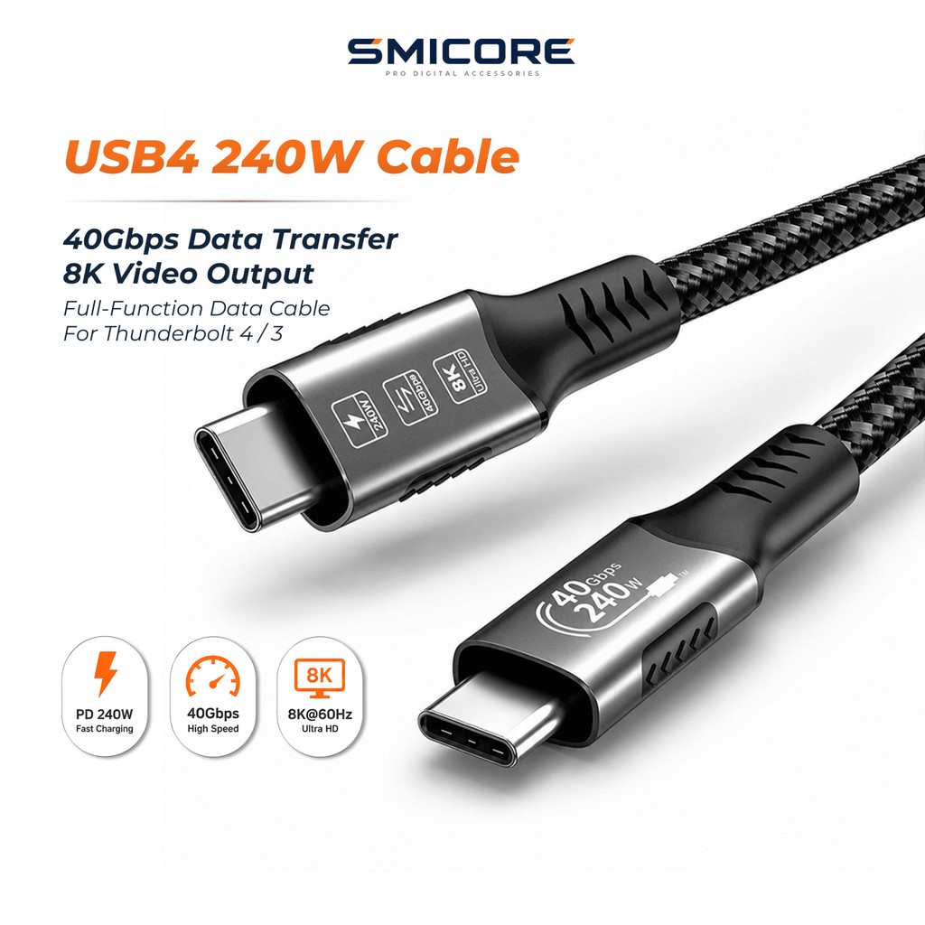 สาย USB4 USB-C Type-C to Type-C 40Gbps PD240W 8K60Hz รองรับ Thunderbolt 4 สำหรับ MacBook SSD
