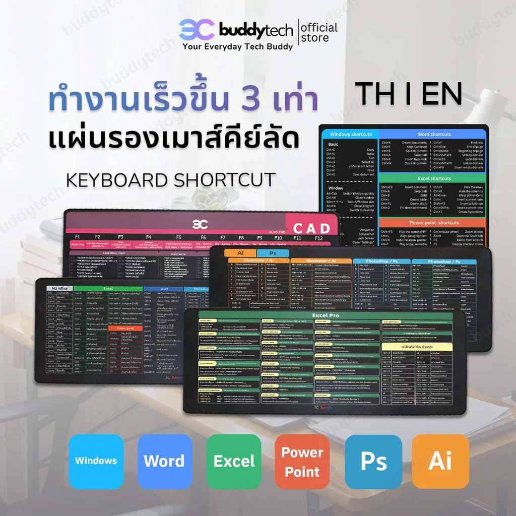Buddytech แผ่นรองเมาส์คีย์ลัดภาษาไทย ขนาดใหญ่ ของขวัญ แผ่นรองคีย์บอร์ด อุปกรณ์สำนั