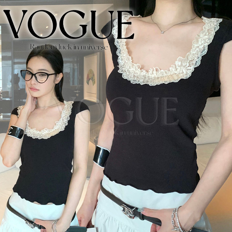 Vogue พร้อมส่ง เสื้อยืดแขนกุดคอกว้าง คอลูกไม้แฟชั่นเกาหลีเซ็กซี่ ผ้านิ่มบางใส่สบาย (A2401)