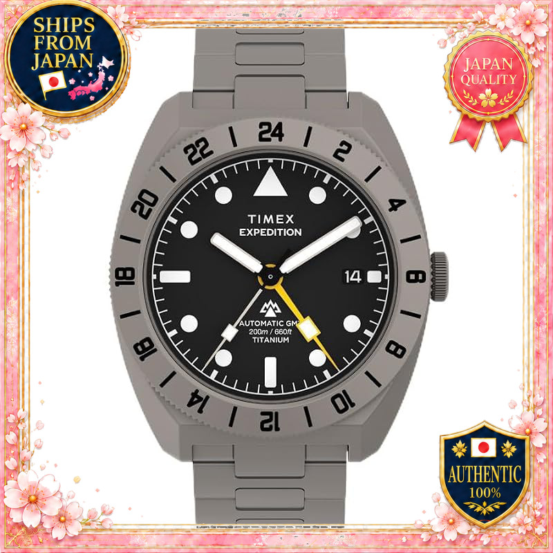 TIMEX Expedition Pioneer Titanium GMT Automatic Watch 200M Water Resistance Sapphire Glass Black Dia